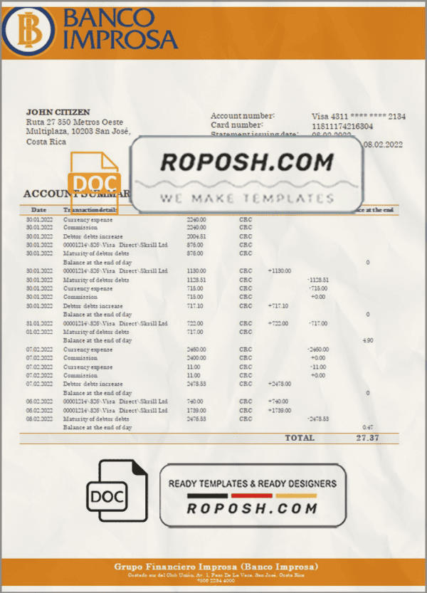 Costa Rica Banco Improsa bank statement template in Word and PDF format