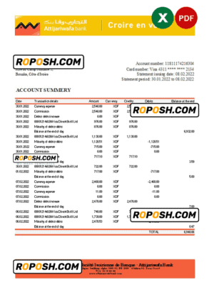 Cote d’Ivoire Attijariwafa bank statement Excel and PDF template