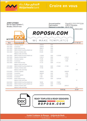 Cote d’Ivoire Attijariwafa bank statement template in Word and PDF format