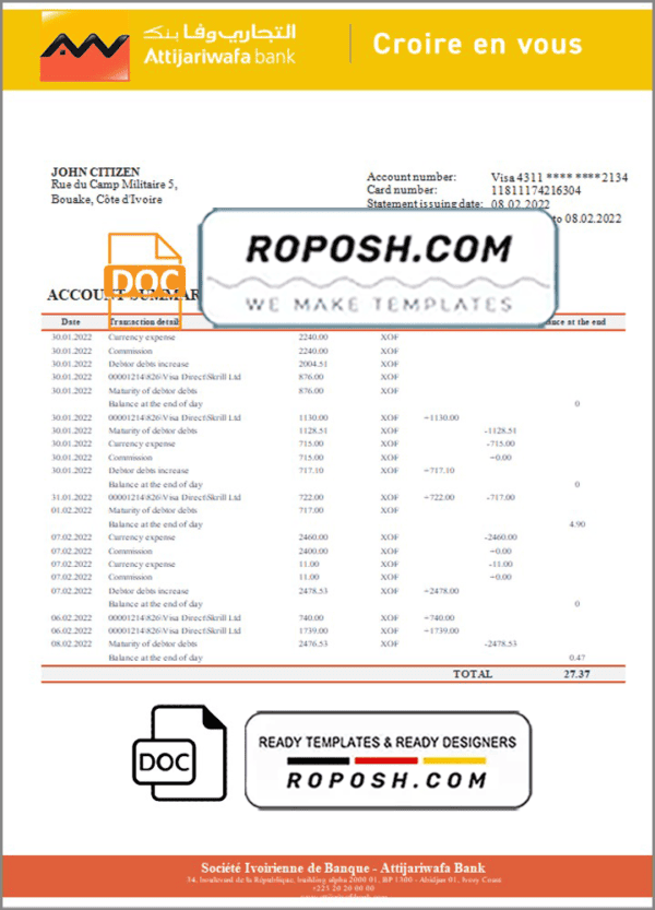 Cote d’Ivoire Attijariwafa bank statement template in Word and PDF format