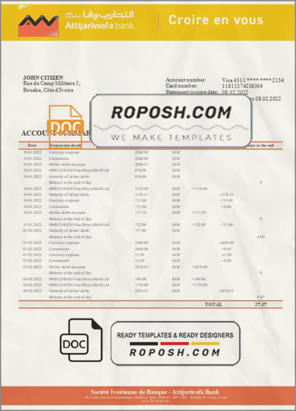 Cote d’Ivoire Attijariwafa bank statement template in Word and PDF format