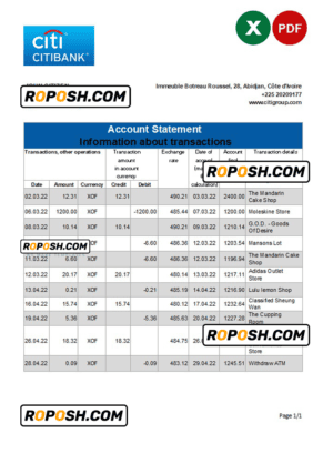 Cote d’Ivoire Citibank bank statement Excel and PDF template