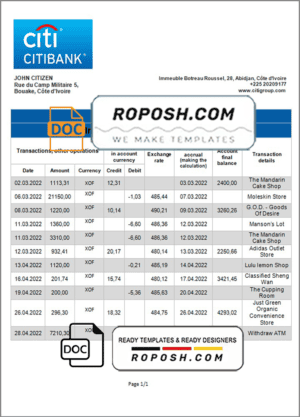 Cote d’Ivoire Citibank bank statement template in Word and PDF format
