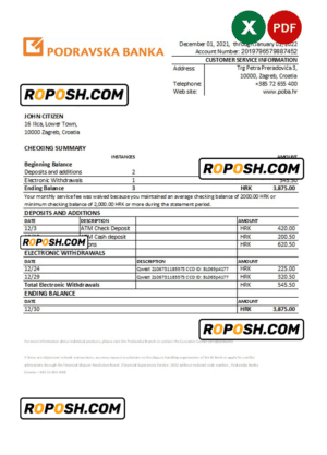 Croatia Podravska bank statement Excel and PDF template