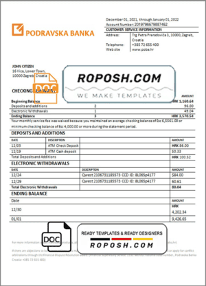 Croatia Podravska bank statement template in Word and PDF format