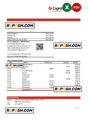 Croatia Zagrebačka Bank statement Excel and PDF template
