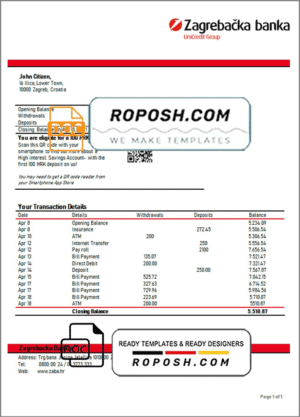 Croatia Zagrebačka bank statement template in Word and PDF format