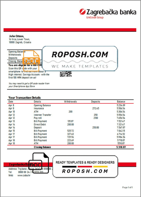 Croatia Zagrebačka bank statement template in Word and PDF format