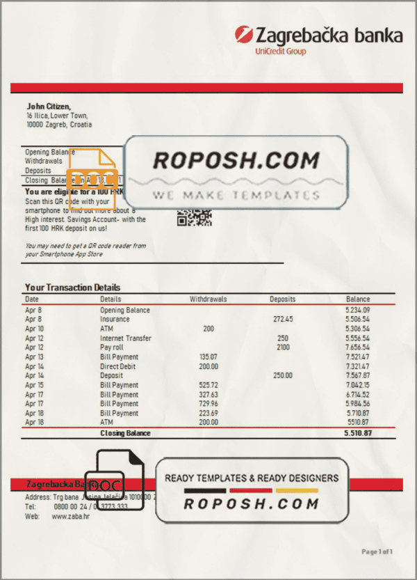 Croatia Zagrebačka bank statement template in Word and PDF format