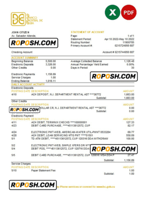 Cuba Banco Central de Cuba bank statement Excel and PDF template