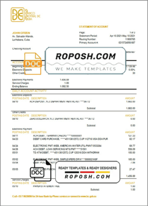 Cuba Banco Central de Cuba bank proof of address statement template in Word and PDF format