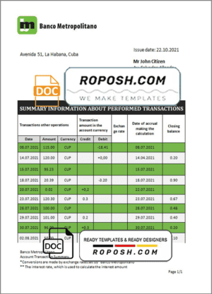 Cuba Banco Metropolitano bank proof of address statement template in Word and PDF format