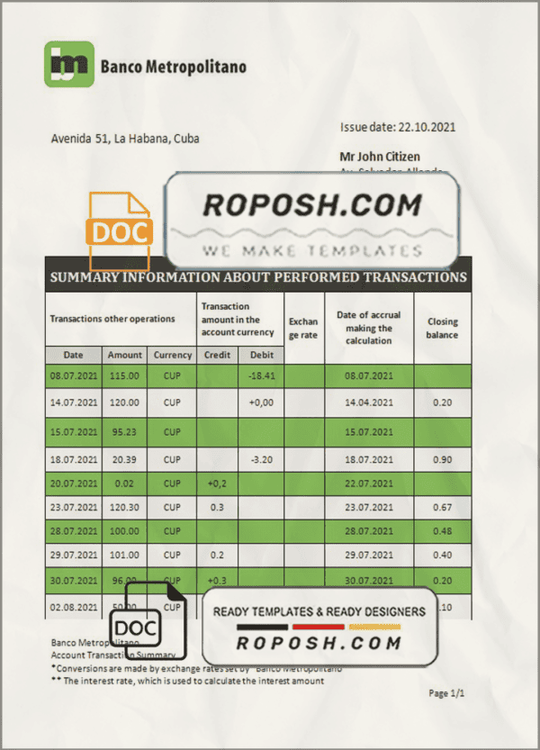 Cuba Banco Metropolitano bank proof of address statement template in Word and PDF format