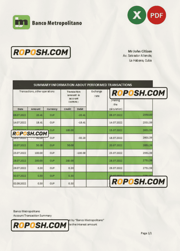 Cuba Banco Metropolitano bank statement Excel and PDF template