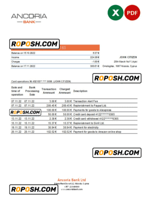 Cyprus Ancoria bank statement Excel and PDF template