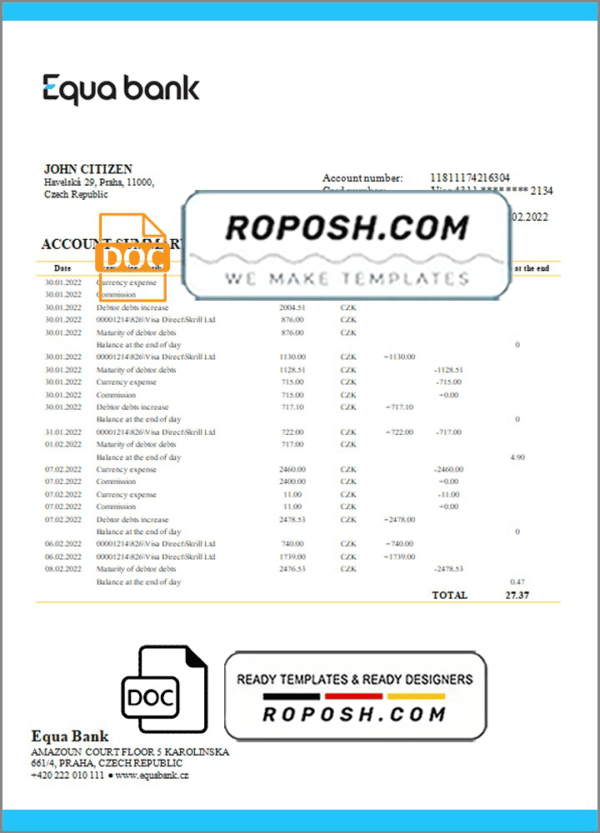 Czechia Equabank bank statement template in Word and PDF format