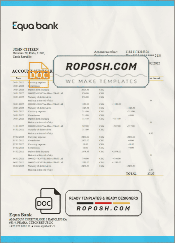 Czechia Equabank bank statement template in Word and PDF format