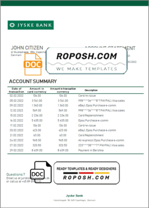 Denmark Jyske bank statement template in Word and PDF format