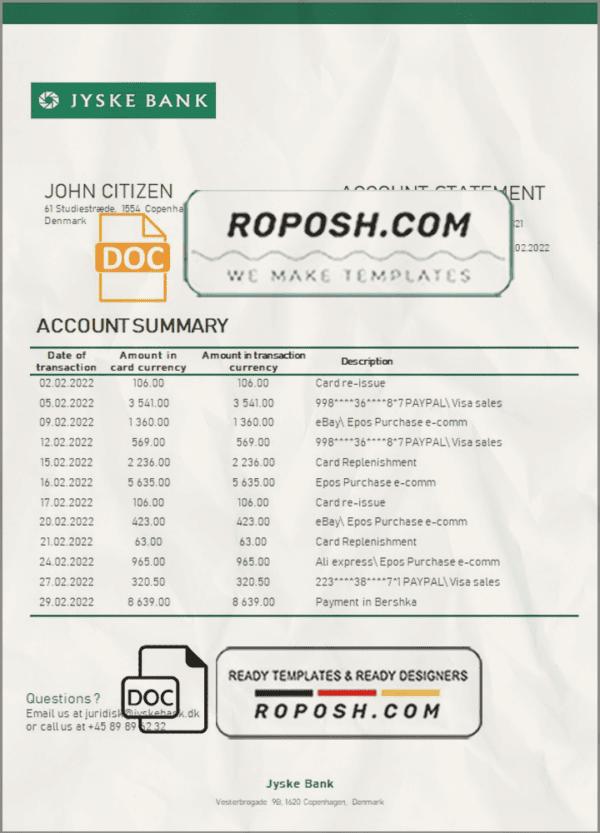 Denmark Jyske bank statement template in Word and PDF format