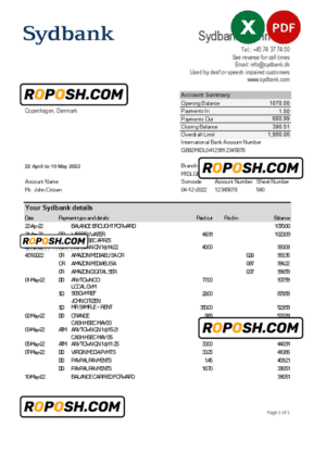 Denmark Sydbank statement Excel and PDF template