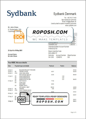 Denmark Sydbank bank statement template in Word and PDF format