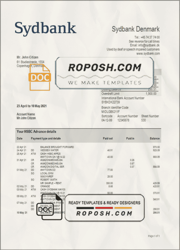 Denmark Sydbank bank statement template in Word and PDF format