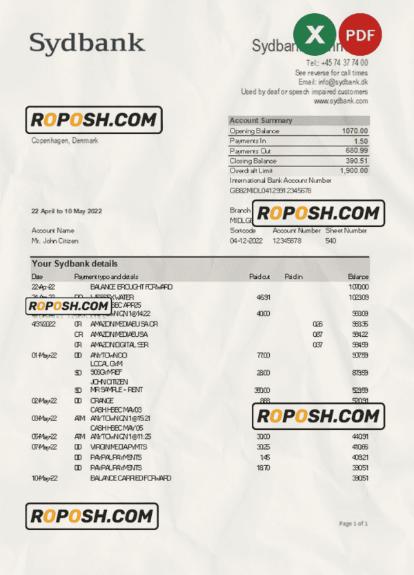 Denmark Sydbank statement Excel and PDF template