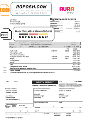 Denmark AURA Energi utility bill template in Word and PDF format