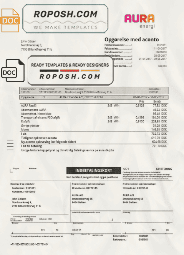 Denmark AURA Energi utility bill template in Word and PDF format