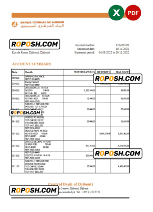 Djibouti Central Bank of Djibouti statement Excel and PDF template