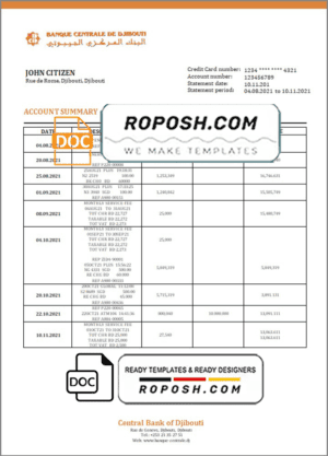 Djibouti Central Bank of Djibouti bank statement template in Word and PDF format