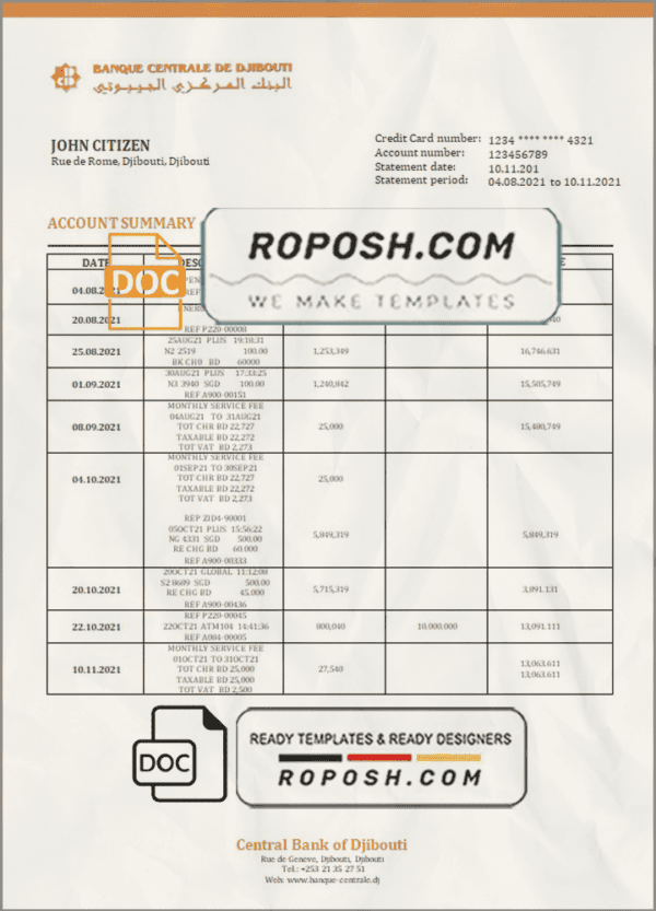 Djibouti Central Bank of Djibouti bank statement template in Word and PDF format