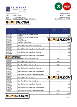 Djibouti Exim bank statement Excel and PDF template