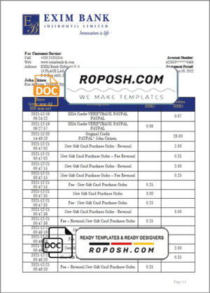 Djibouti Exim bank statement template in Word and PDF format