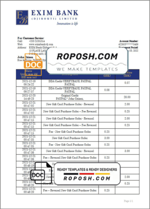 Djibouti Exim bank statement template in Word and PDF format
