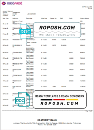 Philippines EastWest bank statement template in Word and PDF format