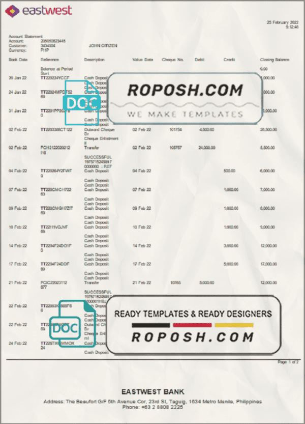 Philippines EastWest bank statement template in Word and PDF format