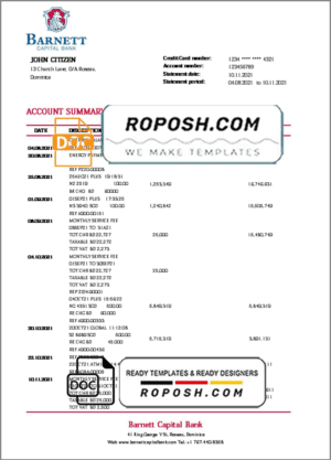 Dominica Barnett Capital bank statement template in Word and PDF format