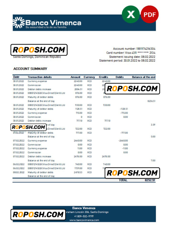 Dominican Republic Banco Vimenca bank statement Excel and PDF template