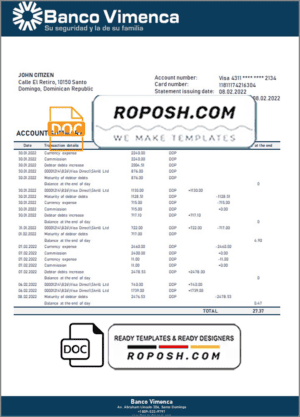Dominican Republic Banco Vimenca proof of address bank statement template in Word and PDF format
