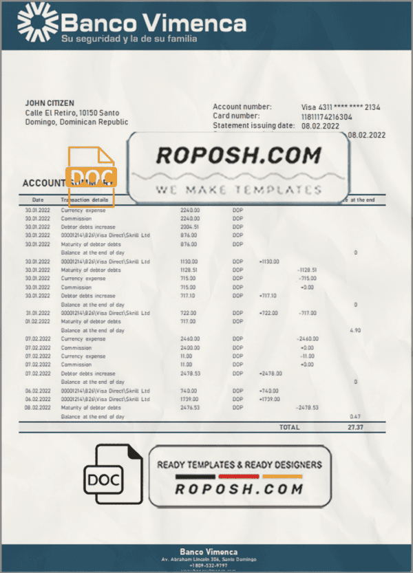 Dominican Republic Banco Vimenca proof of address bank statement template in Word and PDF format