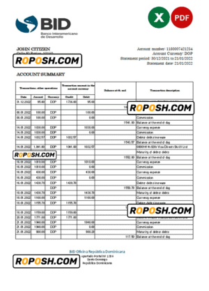 Dominican Republic Bid bank statement Excel and PDF template