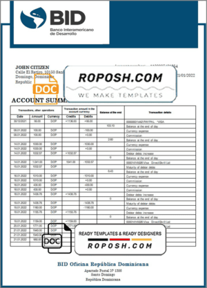 Dominican Republic Bid proof of address bank statement template in Word and PDF format
