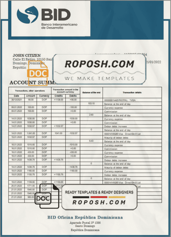 Dominican Republic Bid proof of address bank statement template in Word and PDF format