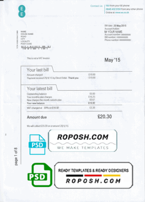 United Kingdom EE phone utility bill template, fully editable in PSD format