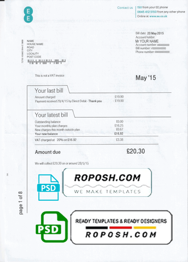 United Kingdom EE phone utility bill template, fully editable in PSD format