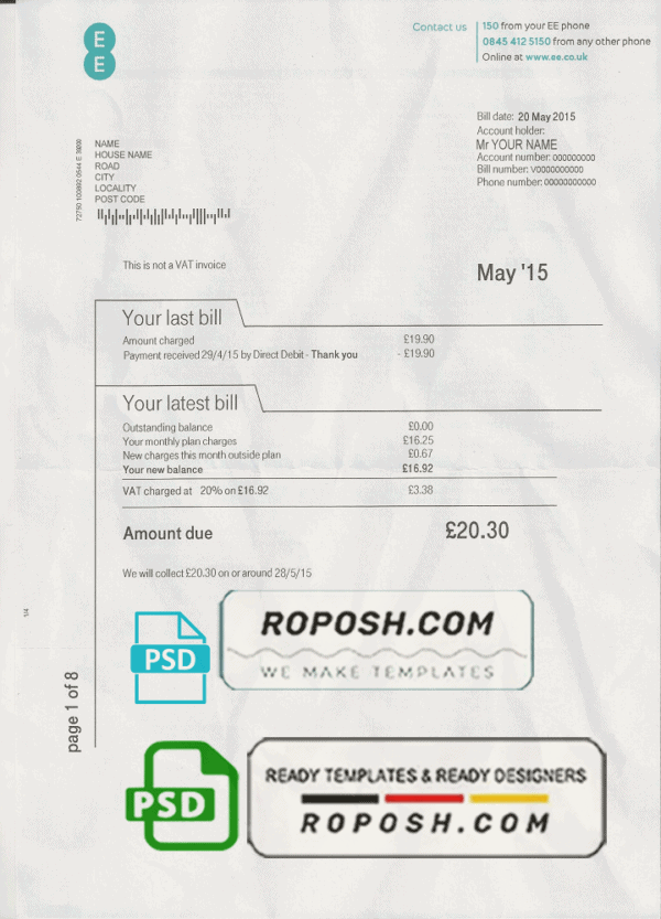 United Kingdom EE phone utility bill template, fully editable in PSD format