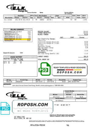 Canada ELK energy utility bill template, fully editable in PSD format