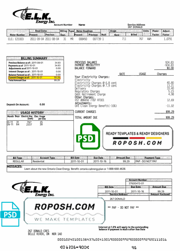 Canada ELK energy utility bill template, fully editable in PSD format