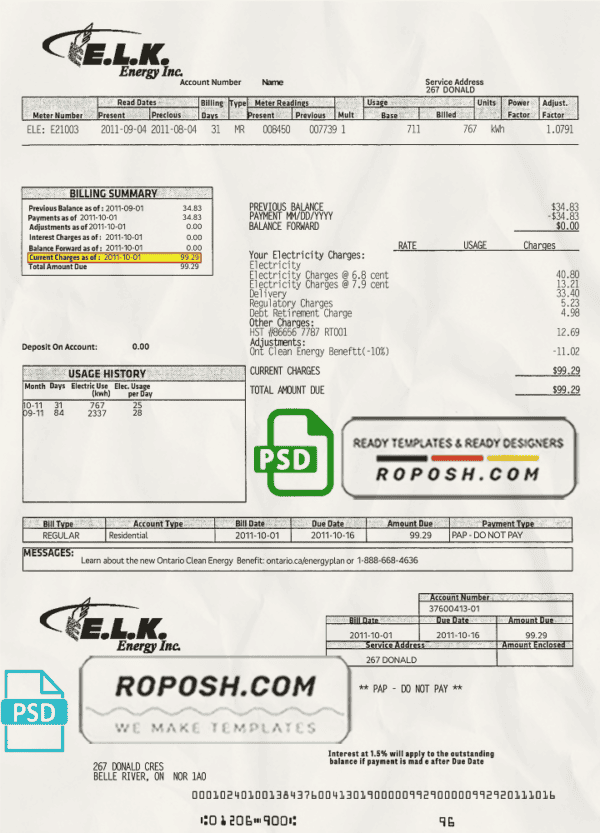 Canada ELK energy utility bill template, fully editable in PSD format